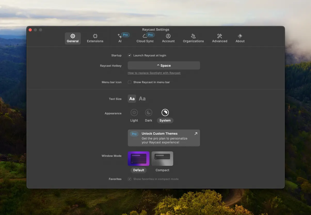 The Raycast hotkey settings